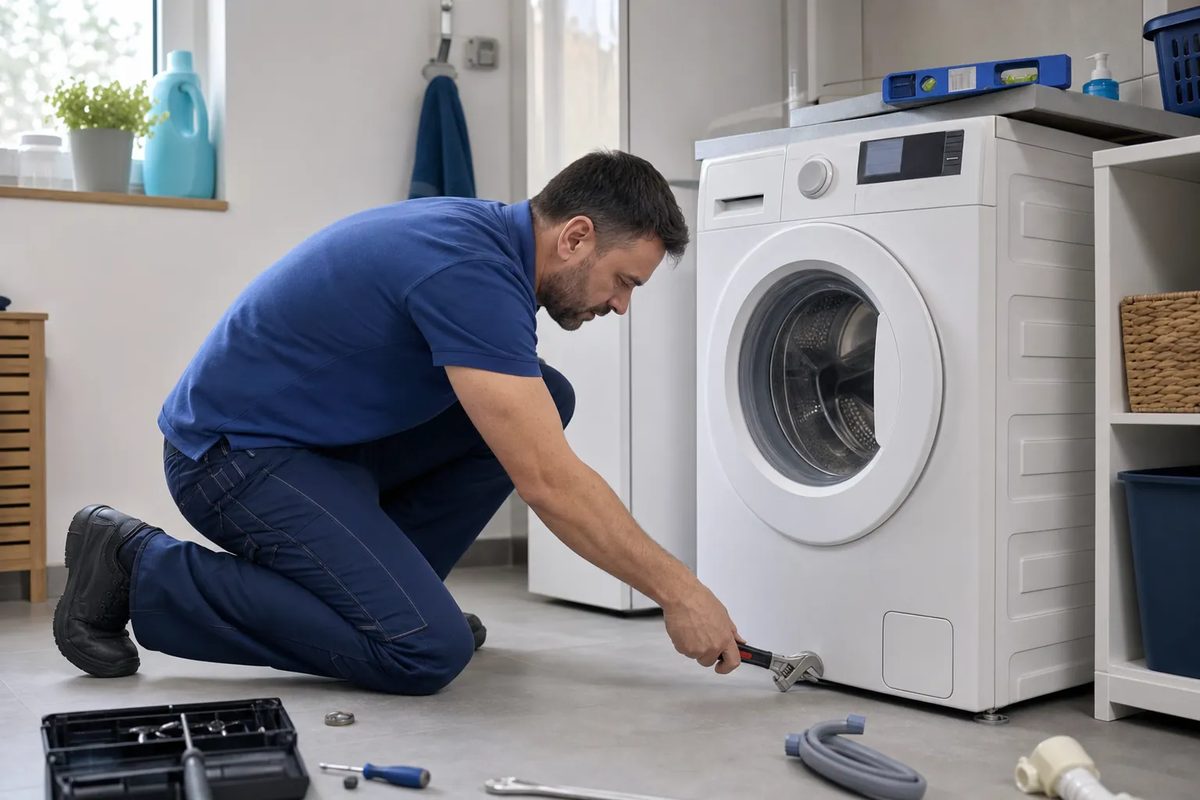 Técnico nivelando las patas de una lavadora con un nivel de burbuja