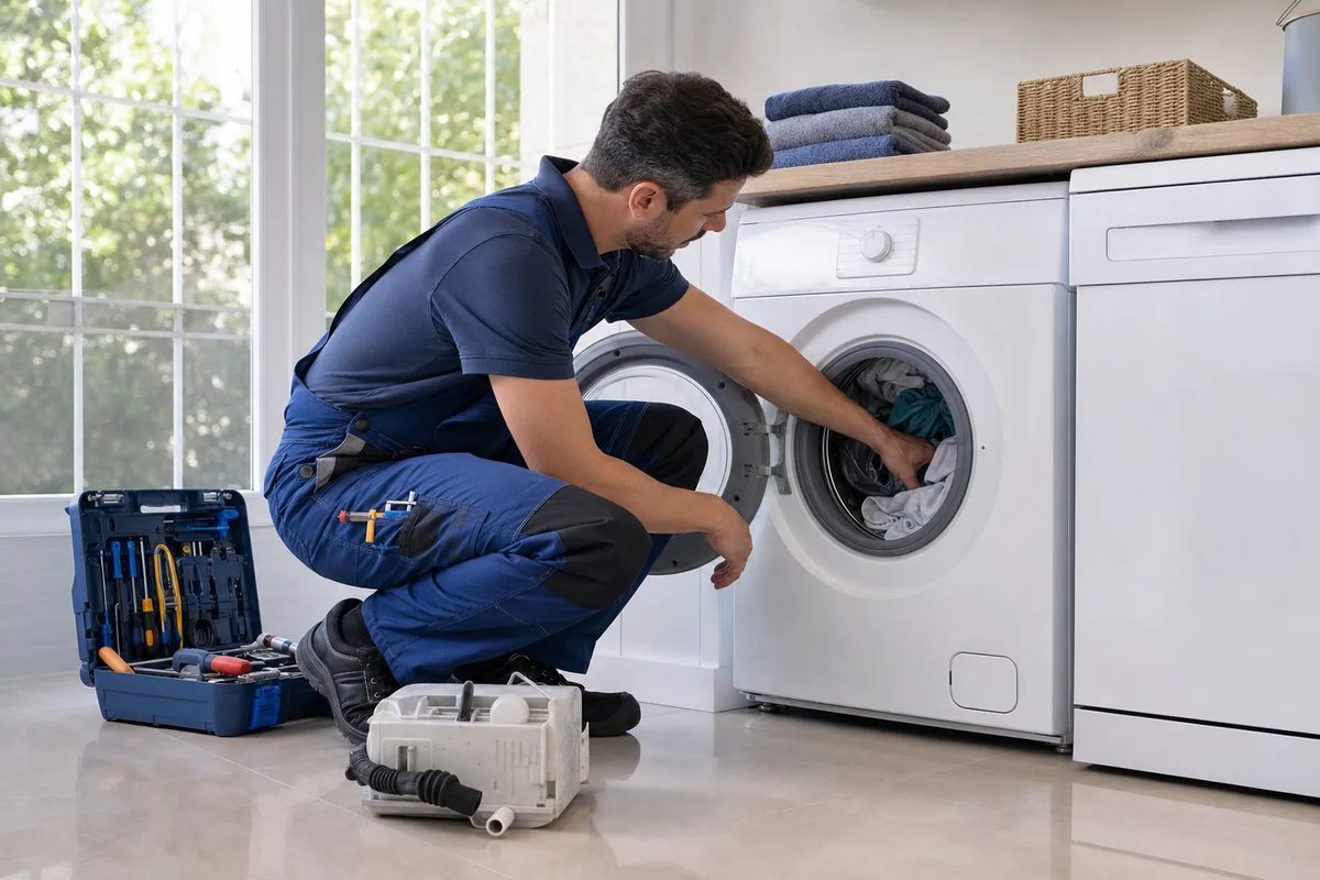Técnico revisando el tambor de una lavadora de carga frontal que no centrifuga