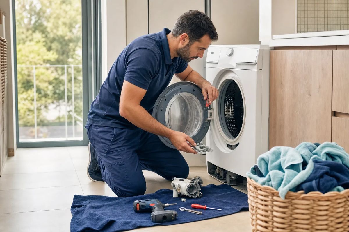 Técnico revisando una secadora de carga frontal que no seca la ropa en un lavadero doméstico